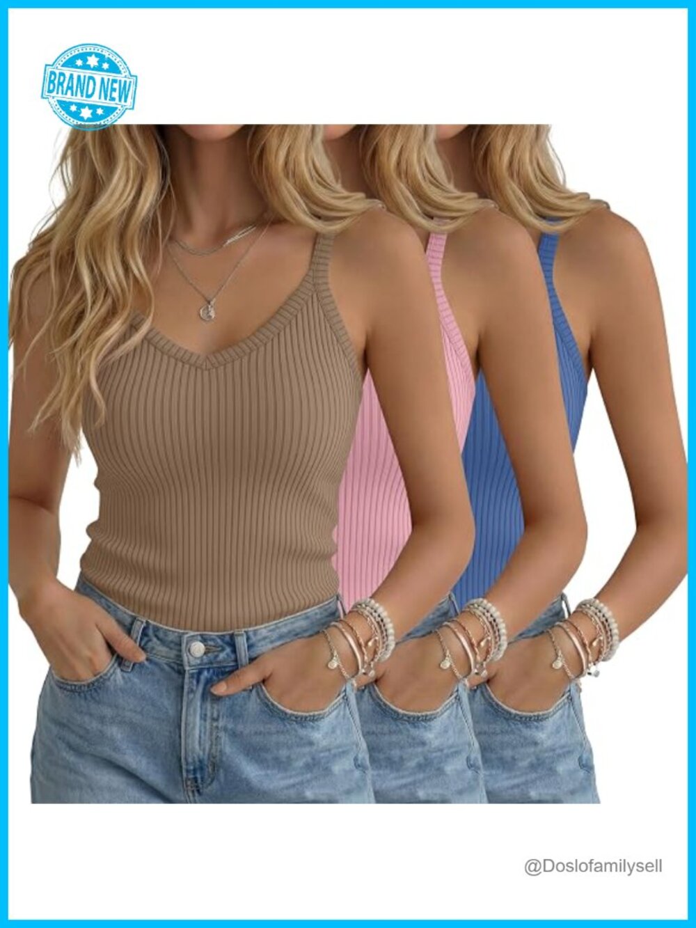 3pk Ribbed Knit Tank Tops Spaghetti Strap V Neck Slim Fit Cotton